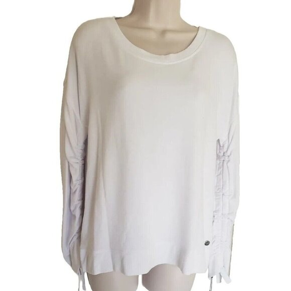 NWT DONNA KARAN ACTIVE WHITE LONG GATHERED SLEEVE TOP SZ M - Picture 1 of 8